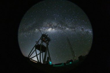 Fish eye view of the night at the ESO's Astronomical Site Monitor on Cerro Armazones in the Chilean desert, near ESO's Paranal Observatory, site of the Very Large Telescope (VLT). Cerro Armazones was chosen as the site for the planned European Extremely Large Telescope (E-ELT), which, with its 40-metre-class diameter mirror, will be the world’s biggest eye on the sky.